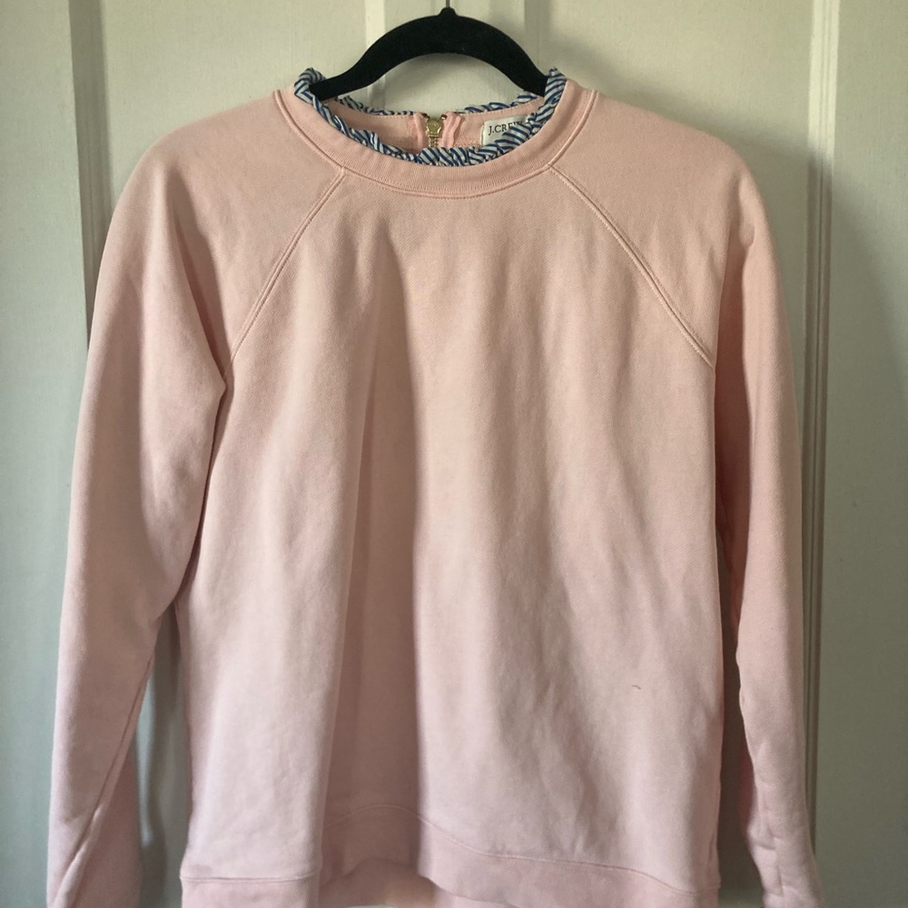 J Crew, light pink sweatshirt with sewn in blue striped ruffle